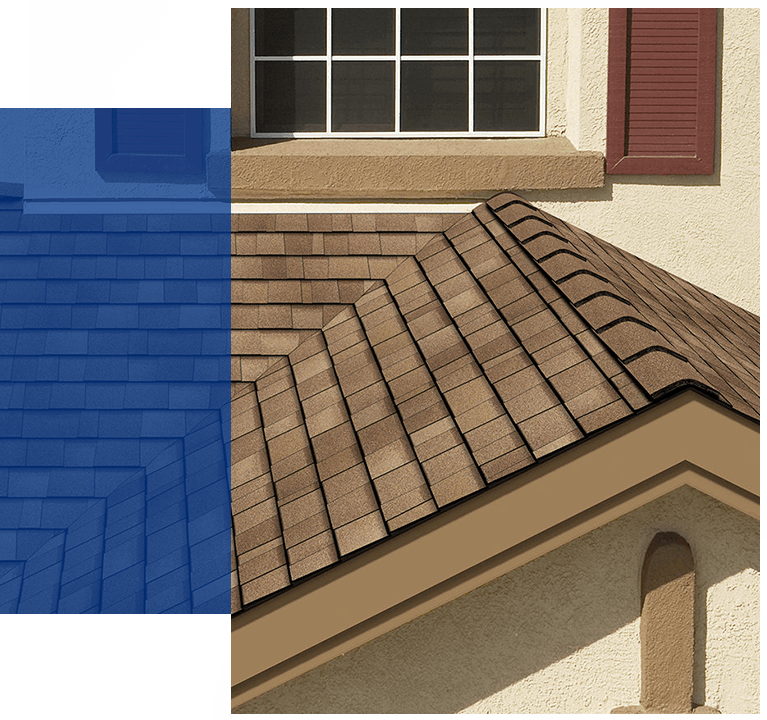 brown roof of a home with red shutters