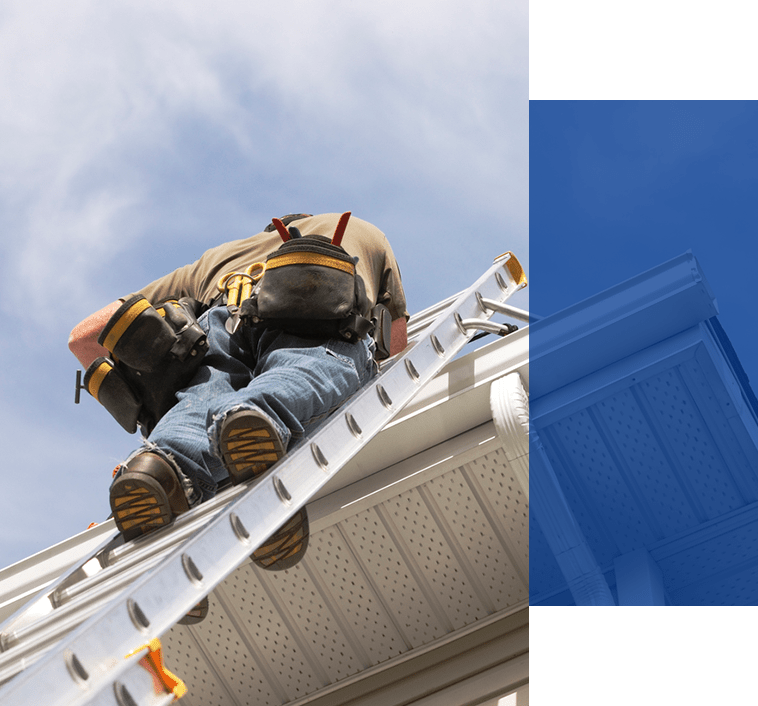 construction guy standing at the top of a latter on the left of the home