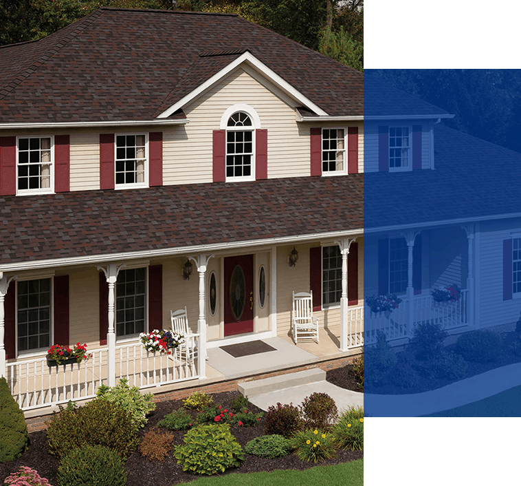 A two story home with newly renovated roof