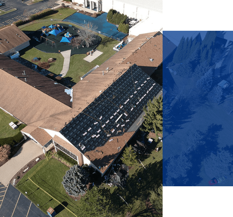 Aerial shot of roofing project for a church