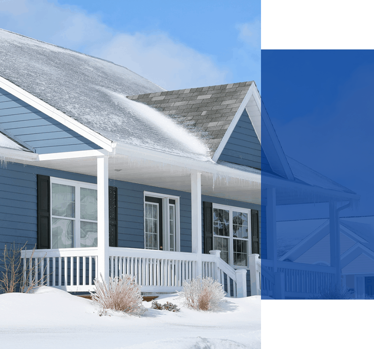 Blue House with Ice Damage on Roof