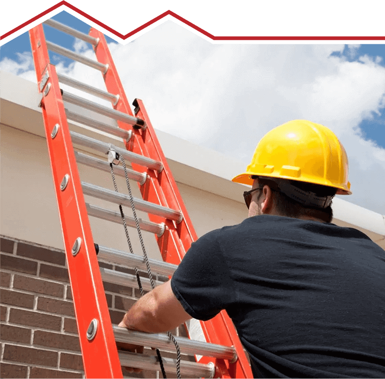 A house roofer climbing up a ladder with a yellow hat.